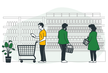 cartoon rendering of shoppers in grocery store