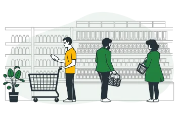 cartoon rendering of shoppers in grocery store