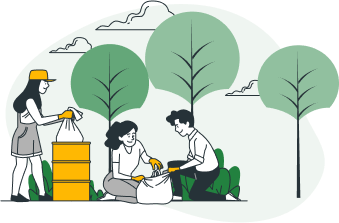 cartoon rendering of volunteers picking up garbage in a park