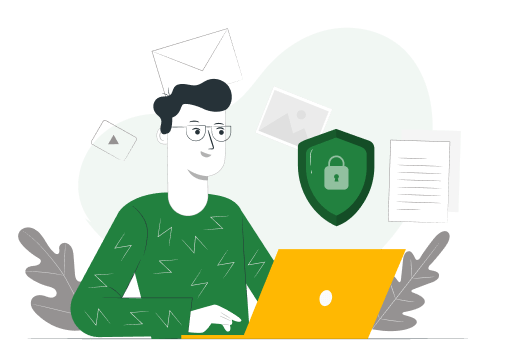 carton rendering of man wearing glasses looking at laptop with lock in shield icon behind him