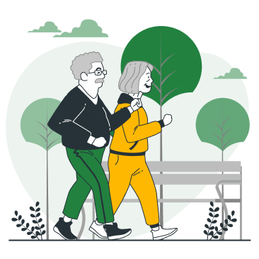 Cartoon rendering of two seniors walking in the park