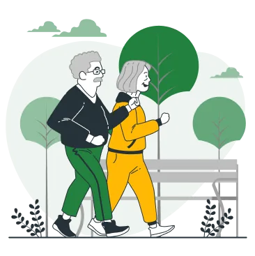 Cartoon rendering of two seniors walking in the park