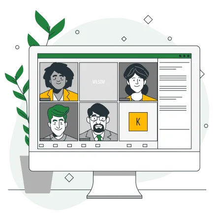 cartoon rendering of different people's photo on computer screen