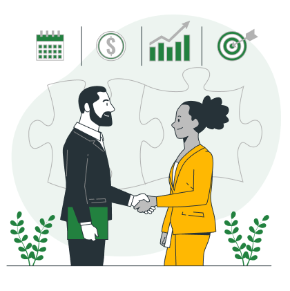 cartoon rendering of two business people shaking hands representing new start