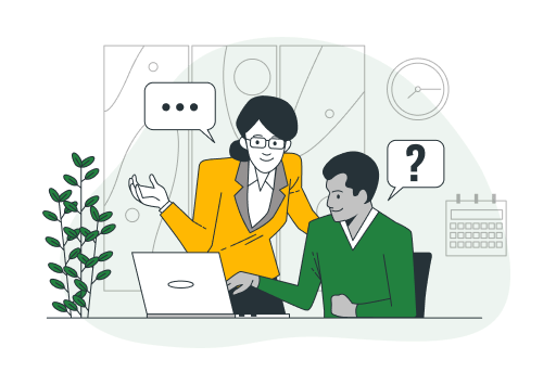 cartoon rendering of two business people collaborating over a laptop