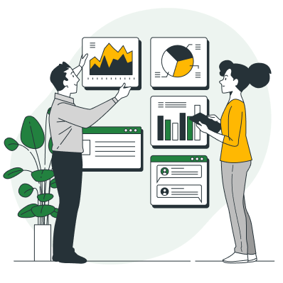 cartoon rendering of two business people analyzing data