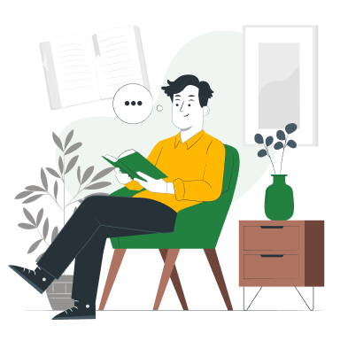 Cartoon rendering of man sitting in chair reading book