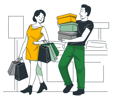 cartoon rendering of shoppers holding bags and boxes