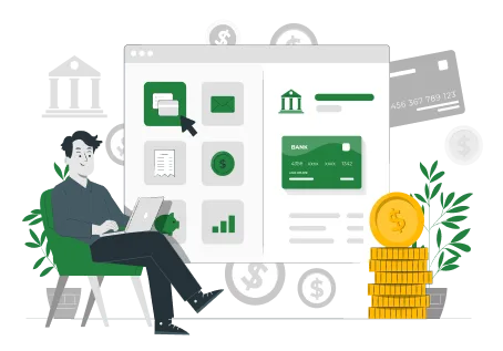 cartoon rendering of business man sitting in chair with laptop with screen showing finanical and insurance applications