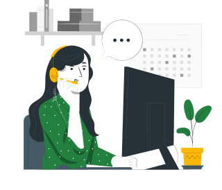 cartoon rendering of woman wearing headset sitting at computer waiting to answer contact form questions