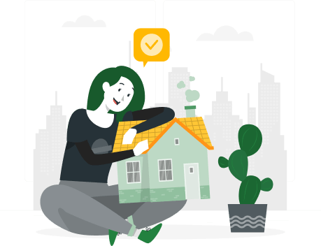 cartoon rendering of woman holding a house on her lap