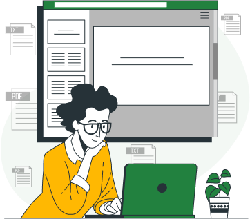 cartoon rendering of woman looking at laptop with enlarged screen of data behind her