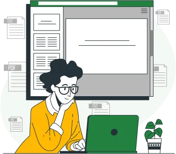 cartoon rendering of woman looking at laptop with enlarged screen of data behind her