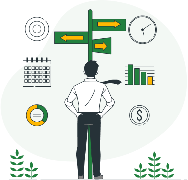 cartoon rendering of map looking up at a directional sign