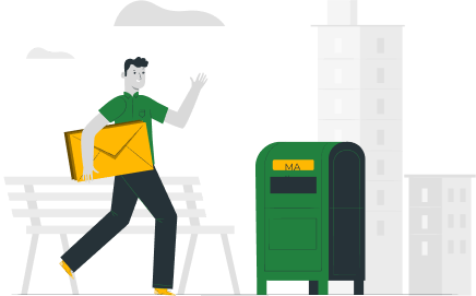 cartoon rendering of man holding letters approaching mail box