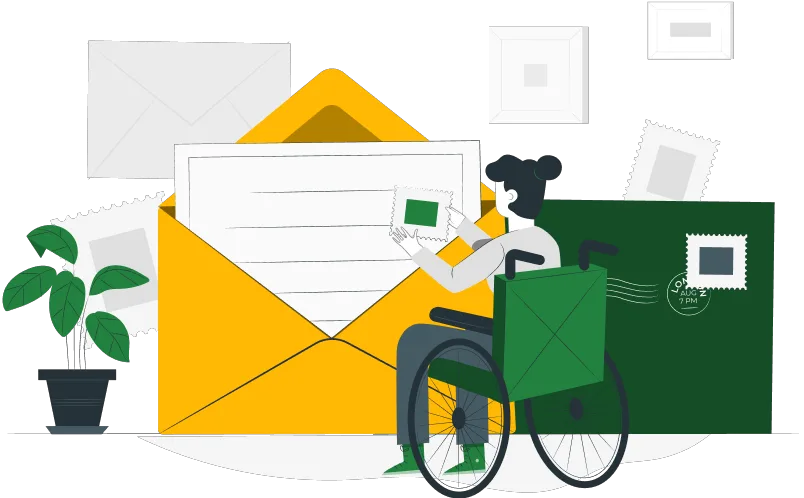 cartoon rendering of woman in wheelchair maling a letter