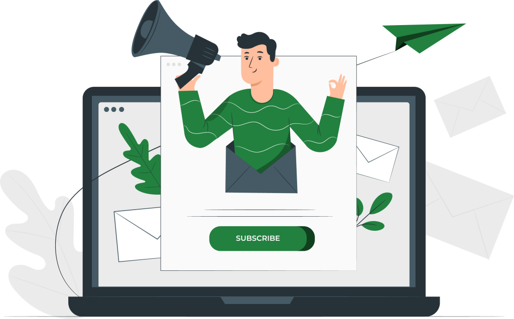 cartoon rendering of man holding megaphone on a subscribe form representing a way to ask cleanlist questions and get answers to their inbox