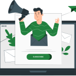 cartoon rendering of man holding megaphone on a subscribe form representing a way to ask cleanlist questions and get answers to their inbox