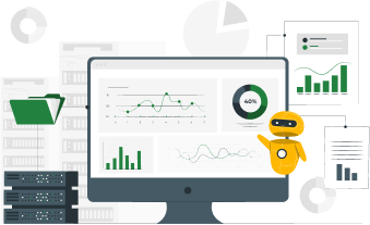 cartoon rendering of computer screen with various data graphs in front of data drives and servers with AI robot pointing at screen