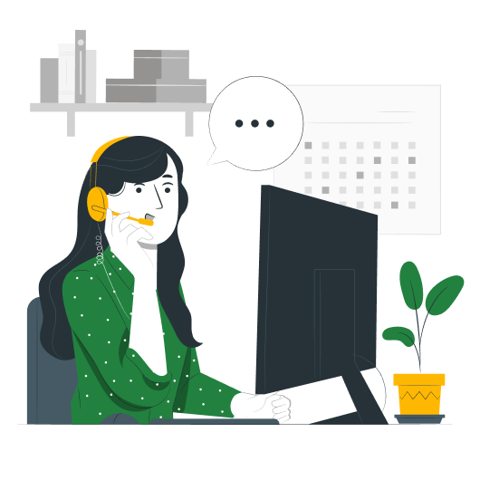 cartoon rendering of woman wearing headset sitting at computer waiting to answer contact form questions