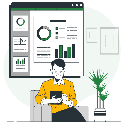 cartoon rendering of man holding tablet in front of enlarged screen of data graphs