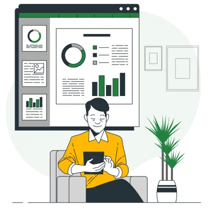 cartoon rendering of man holding tablet in front of enlarged screen of data graphs