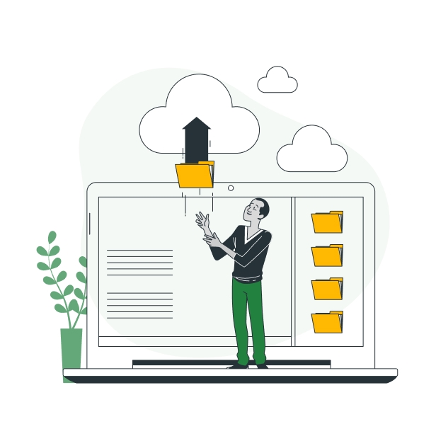 cartoon rendering of man standing on laptop uploading files from database to cloud