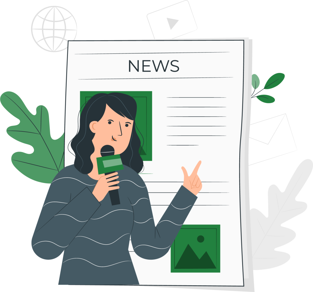 cartoon rendering of woman holding microphone standing in front of a news article