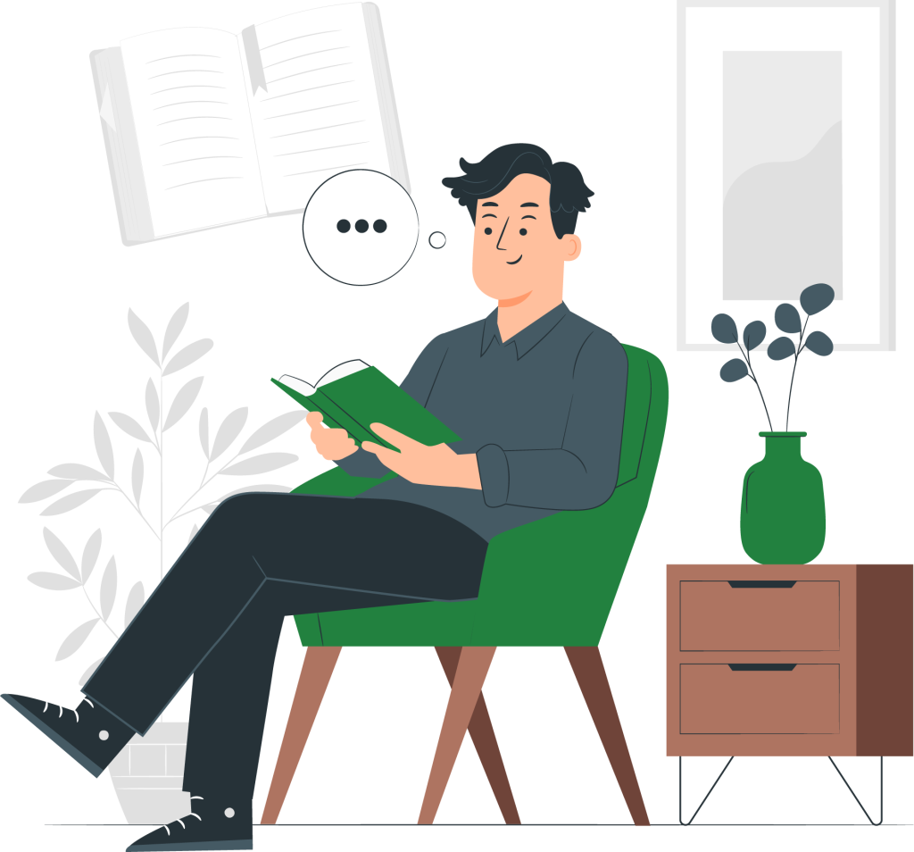 cartoon representation of man sitting in a chair reading a book representing a pre mover thinknig of moving to a new home