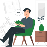 cartoon representation of man sitting in a chair reading a book representing a pre mover thinknig of moving to a new home