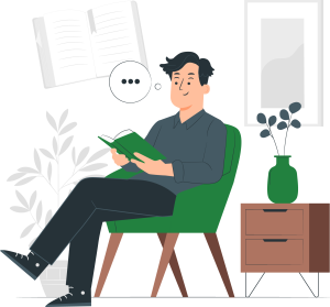 cartoon representation of man sitting in a chair reading a book representing a pre mover thinknig of moving to a new home