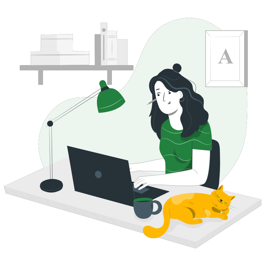 Cartoon rendering of exectutive working from home on laptop with cat on desk