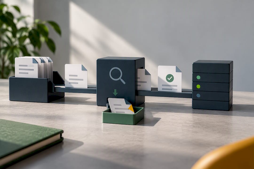 Invoice cards moving through process boxes to improve business data accuracy 